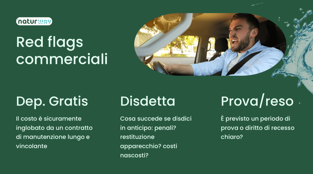 Se si pensa alle red flag prestazionali sui sistemi di filtrazione, una delle prime riguarda senza dubbio promesse molto generiche e poco concrete. Se si basano su pubblicità che usano espressioni del tipo “elimina tutto” o “purifica completamente l’acqua”, seguito dal sempreverde “tecnologia rivoluzionaria” allora – se non sono accompagnate da dati e analisi dimostrabili – si tratta spesso di fuffa.
Ciascuna tecnologia di filtrazione presenta caratteristiche tipiche e una diversa capacità di rimuovere determinate sostanze. Proprio per questo bisogna chiedere sempre quali contaminanti vengono davvero ridotti e sulla base di quali prove da osservare.